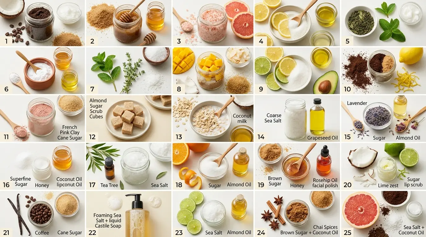 infographic listing 25 easy homemade body scrub recipes for glowing skin