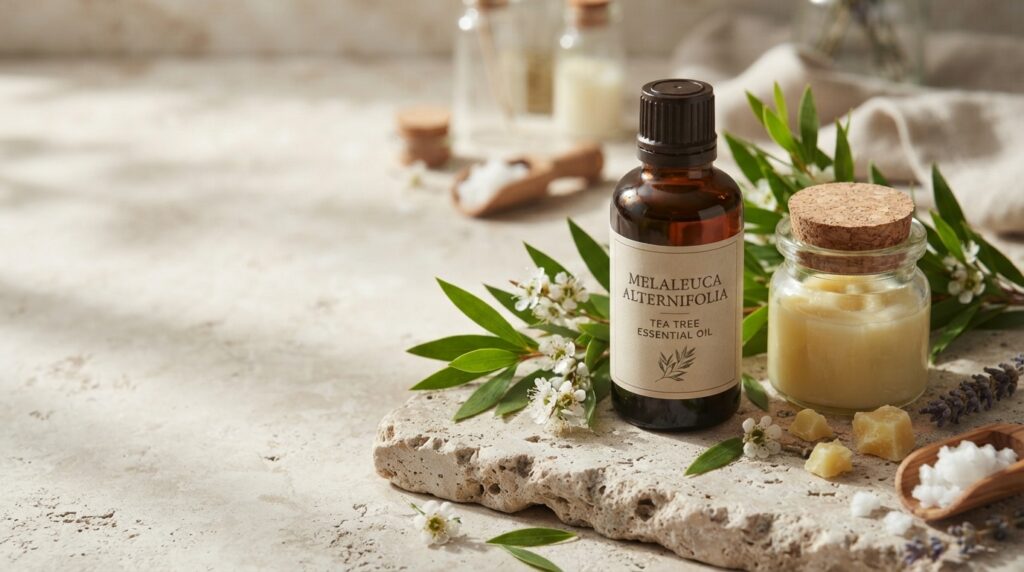 Amber glass bottle of pure tea tree oil highlighting top melaleuca oil uses for natural skin care