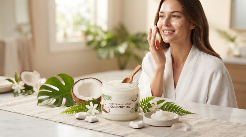 Glowing skin and hair care items showcasing top beauty uses for coconut oil