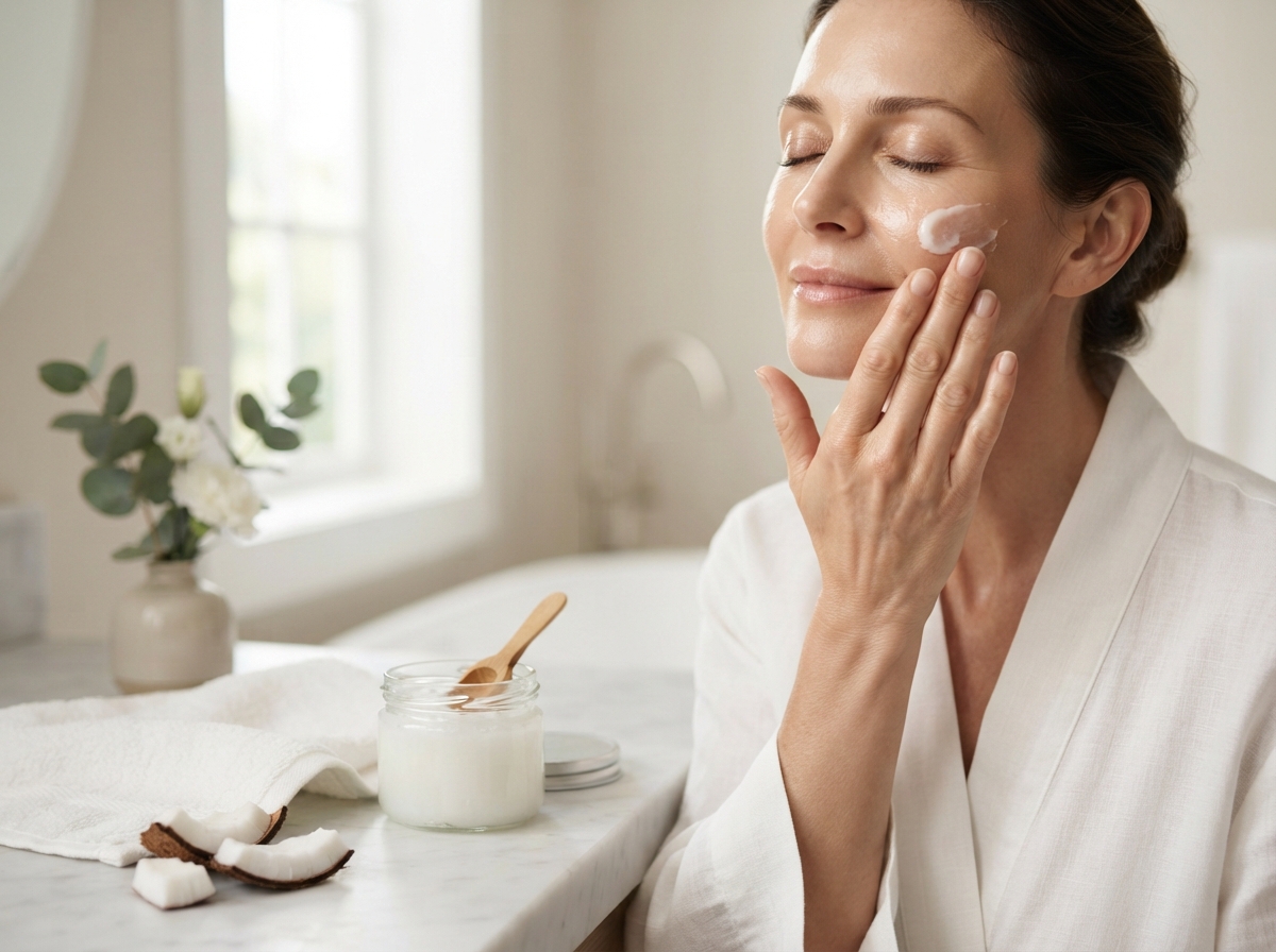 Applying coconut oil for skin care as part of beauty uses for coconut oil routines