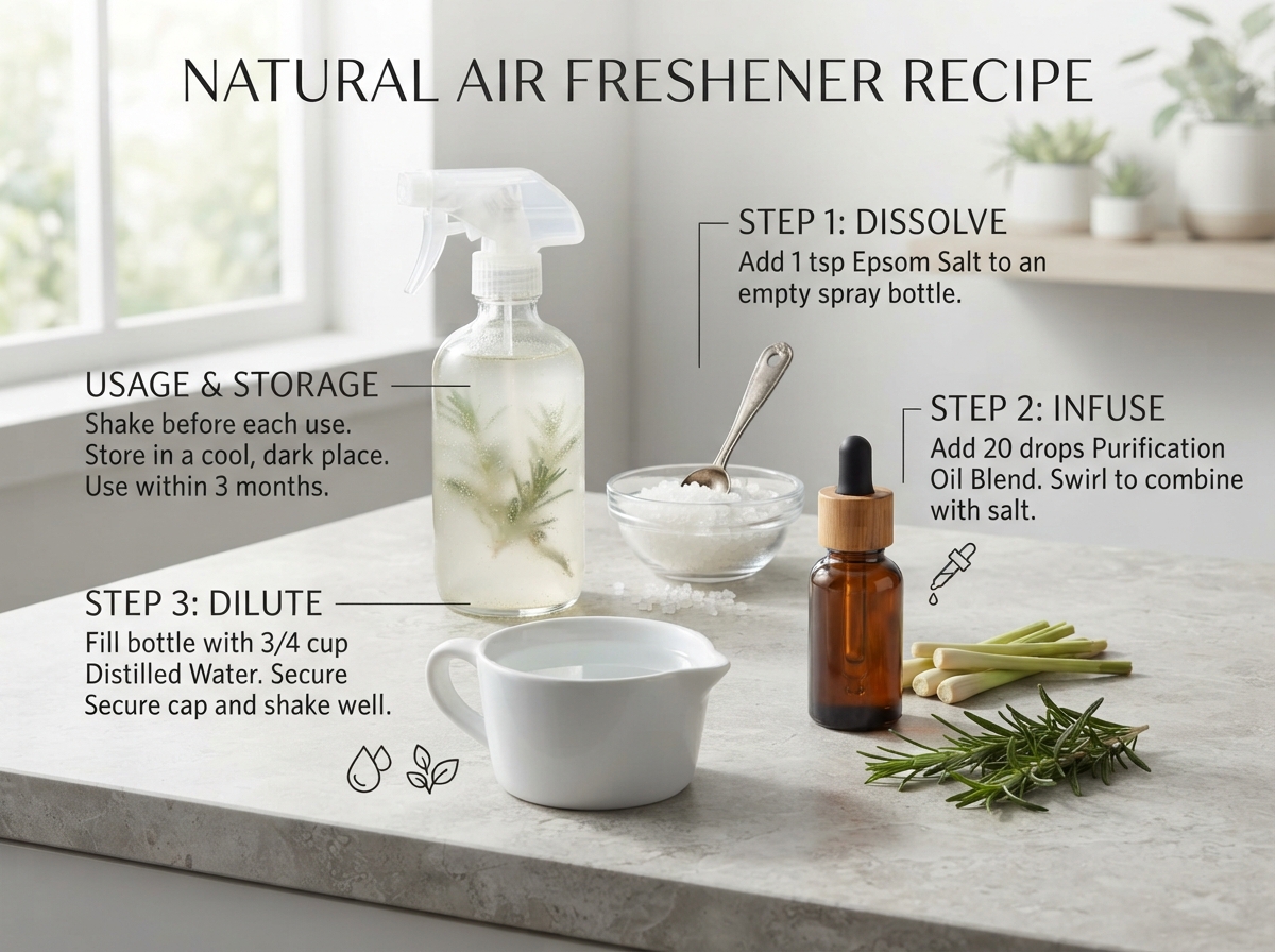 Great DIY air freshener spray bottle made with purification essential oil and epsom salts