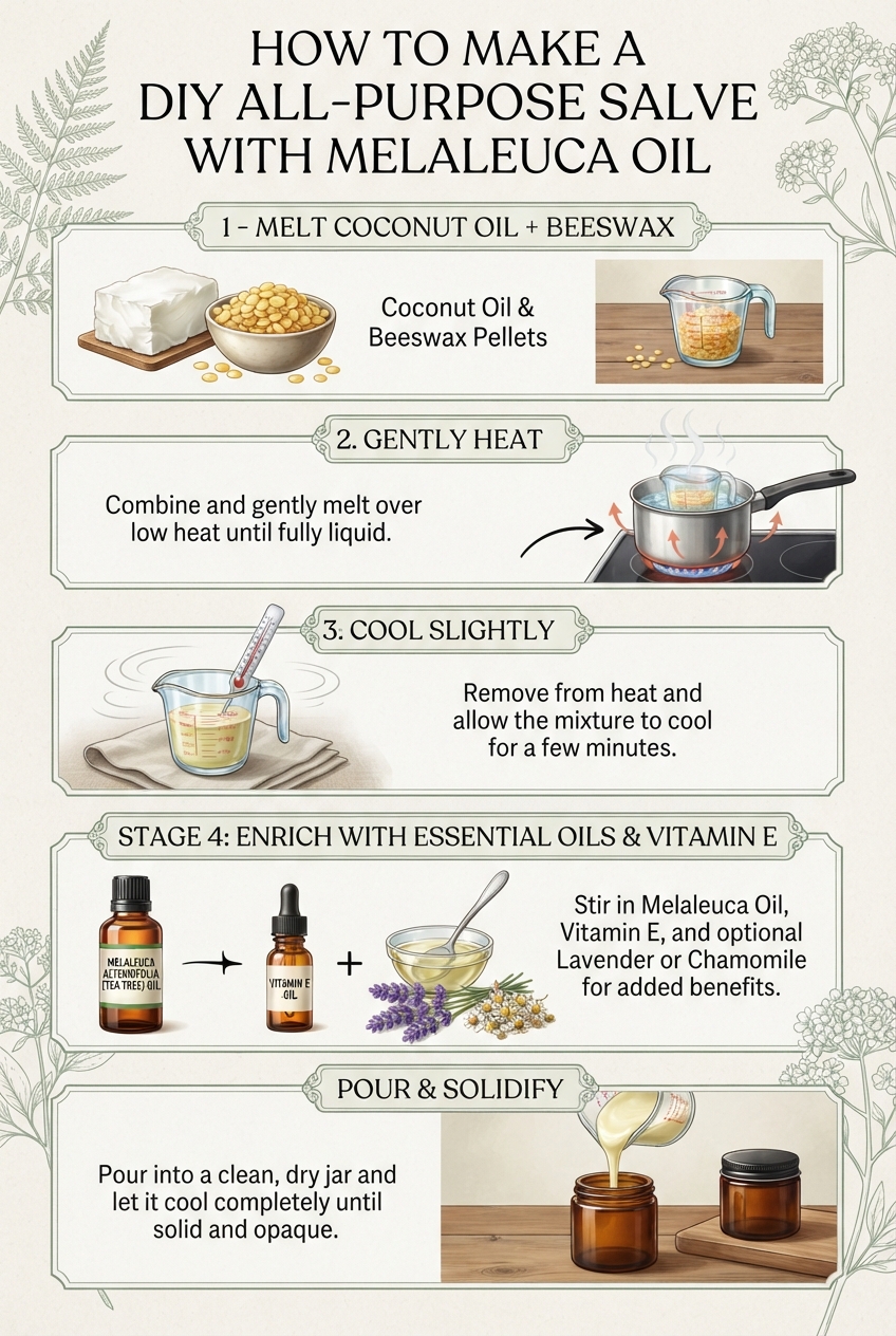 Step-by-step DIY all purpose salve recipe showcasing diverse melaleuca oil uses