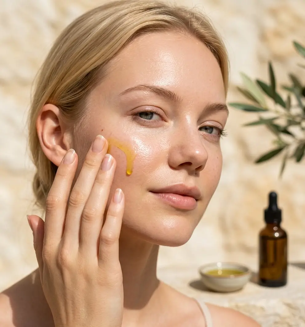 Olive oil for skin benefits applied to a woman's face for deep hydration