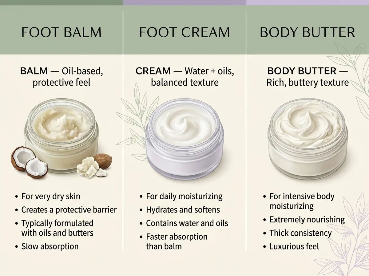 Infographic chart comparing foot balm vs foot cream vs body butter