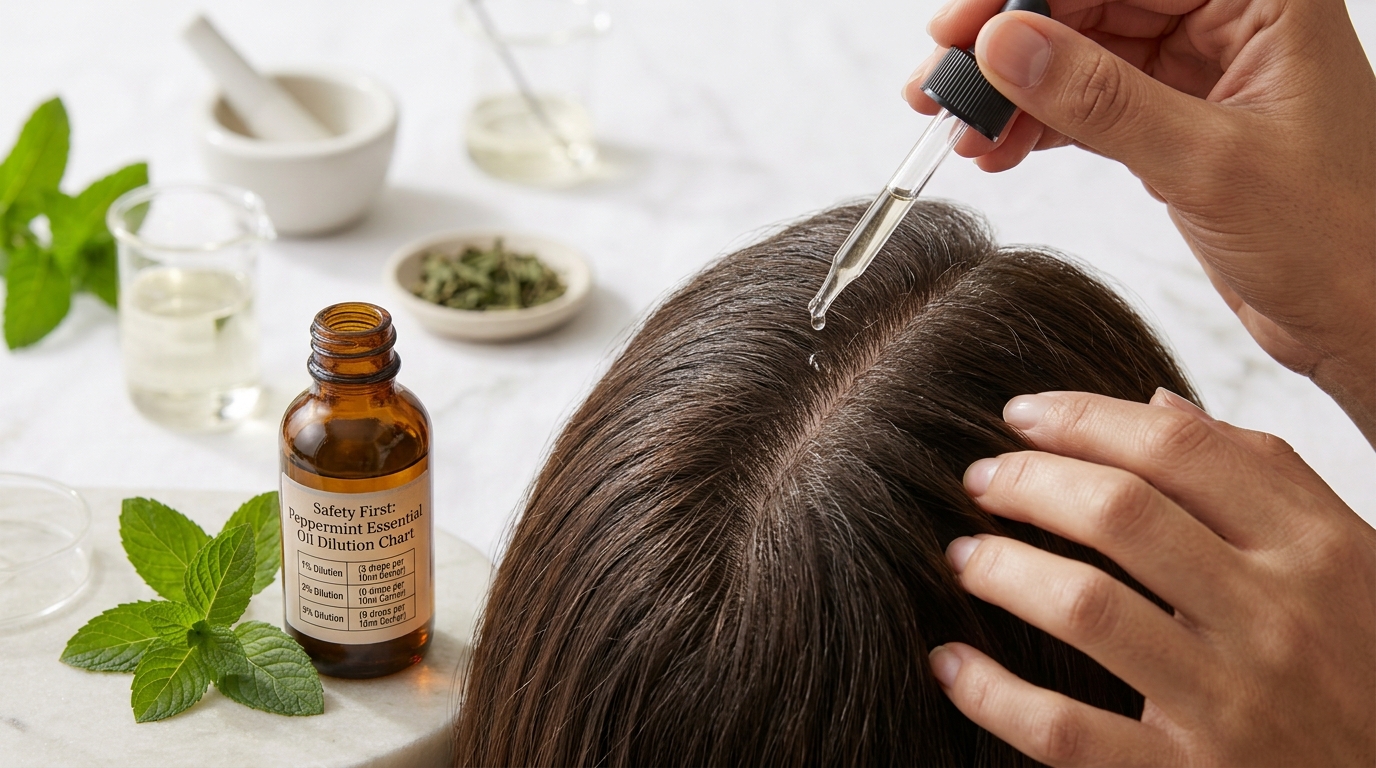 Applying peppermint oil for scalp and hair growth directly on hair root