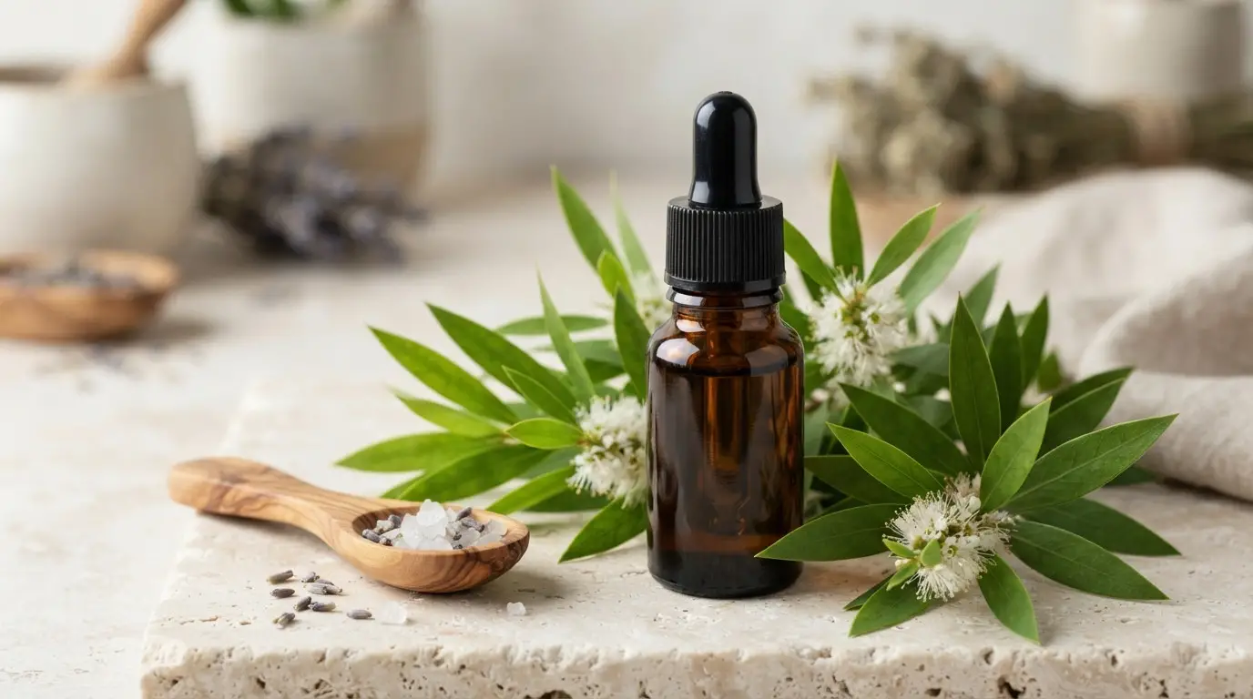 Bottle of pure tea tree extract highlighting top melaleuca oil uses for natural skincare