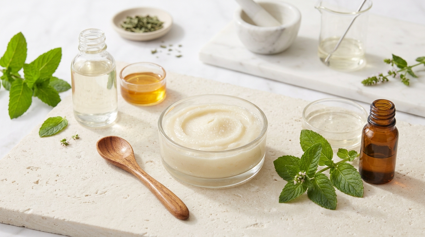 DIY peppermint oil lip scrub recipe in a small glass dish