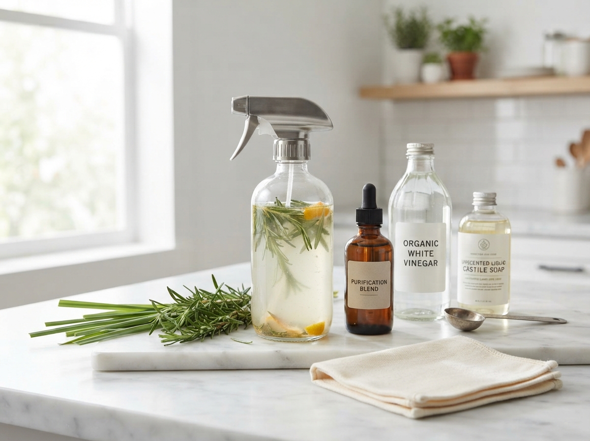 All purpose surface cleaning spray made with purification oil and vinegar