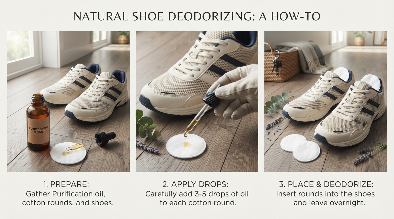 Deodorizing athletic shoes overnight using cotton balls with purification oil