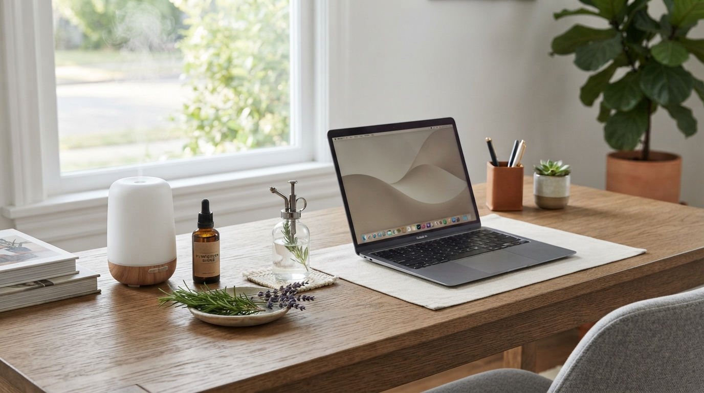 Aromatherapy desk setup demonstrating how to use purification oil for mental focus