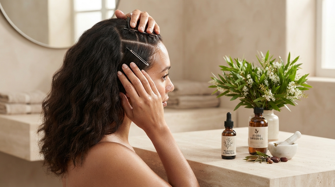 Scalp health and dandruff control achieved through targeted melaleuca oil uses