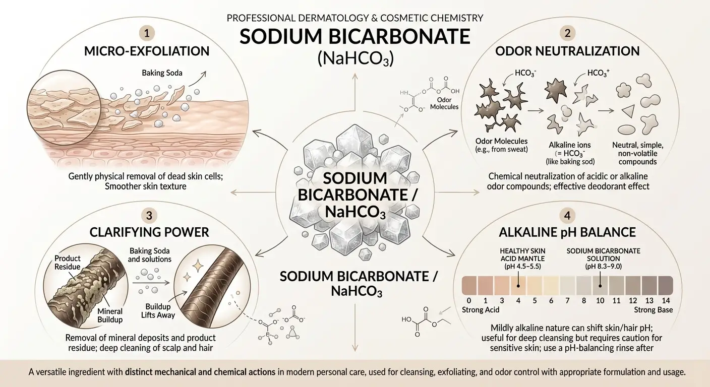 science behind beauty uses for baking soda showing sodium bicarbonate powder molecules and natural skin care ingredients