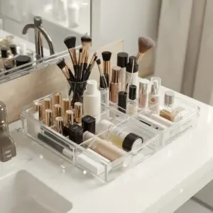 Organized skincare and cosmetics displaying budget beauty organization tips