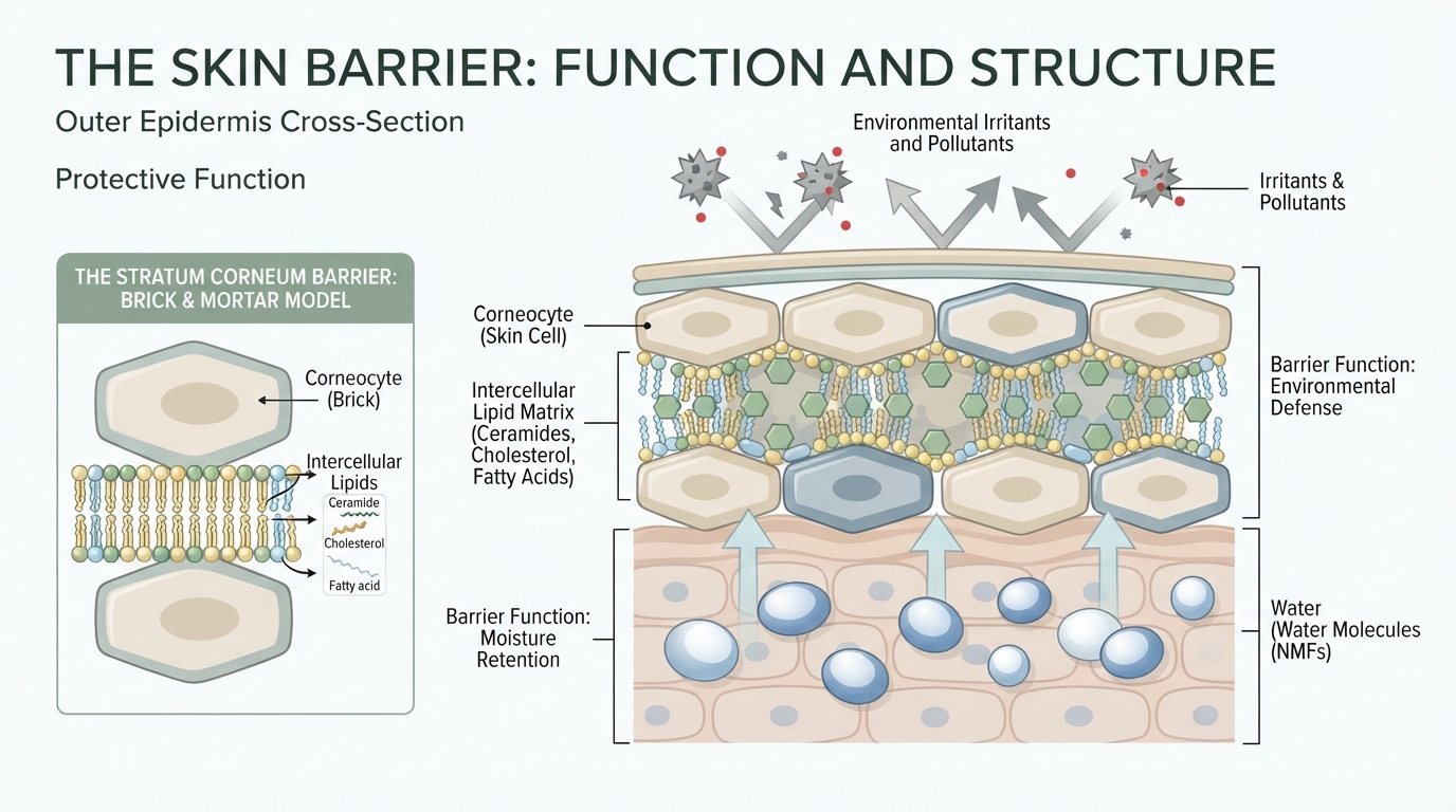 Skin barrier repair guide showing the skin barrier structure and moisture protection