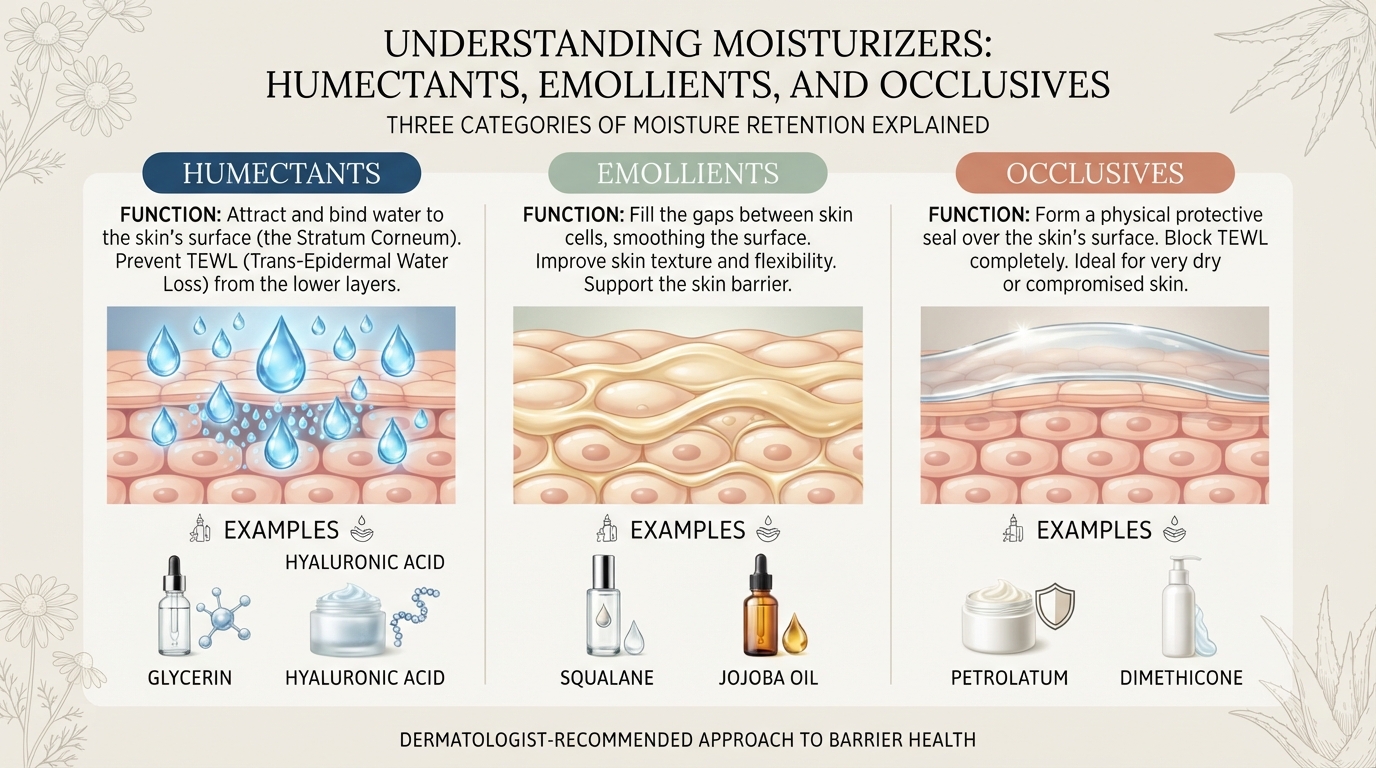 Humectants emollients and occlusives for skin barrier repair