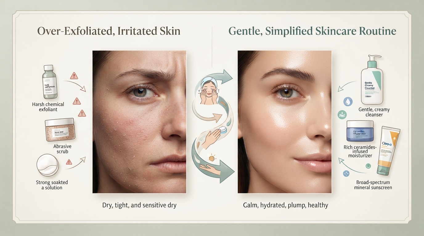 Over-exfoliated skin barrier showing irritation and a simplified recovery routine
