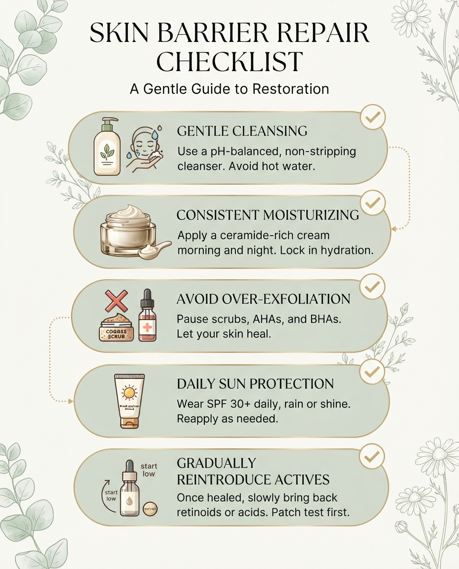 Skin barrier repair checklist for gentle cleansing moisturizing exfoliation and sun protection